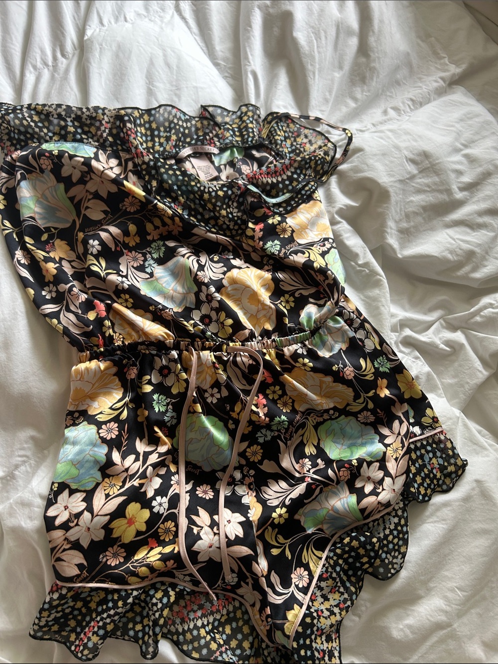Victoria's Secret Black Satin Floral Romper with Multicolor Blooms